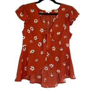 A.PL Clothing Red Floral V Neck Short Sleeve Blouse Medium
